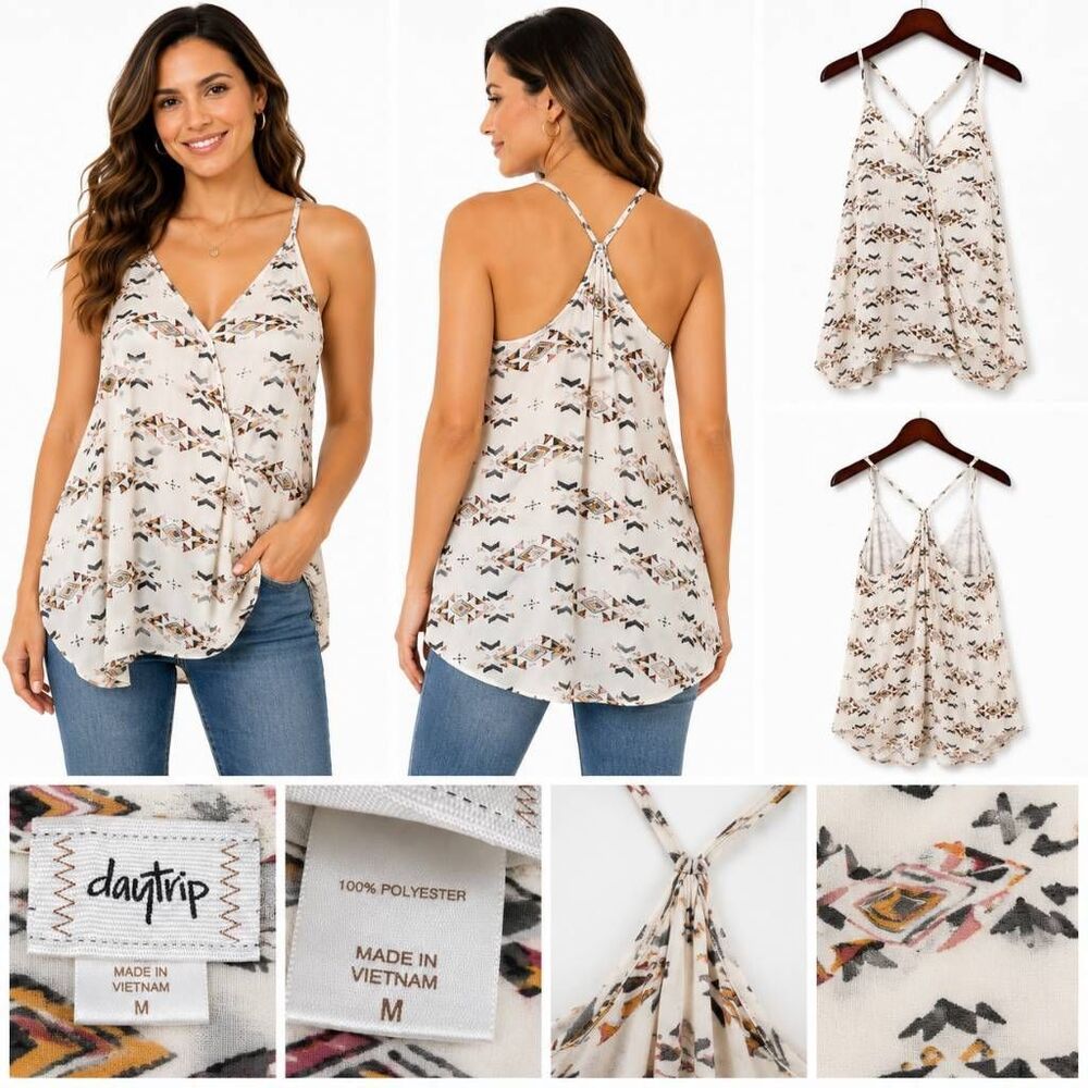 Daytrip Aztec Print Wrap Tank Top Cream Racerback M